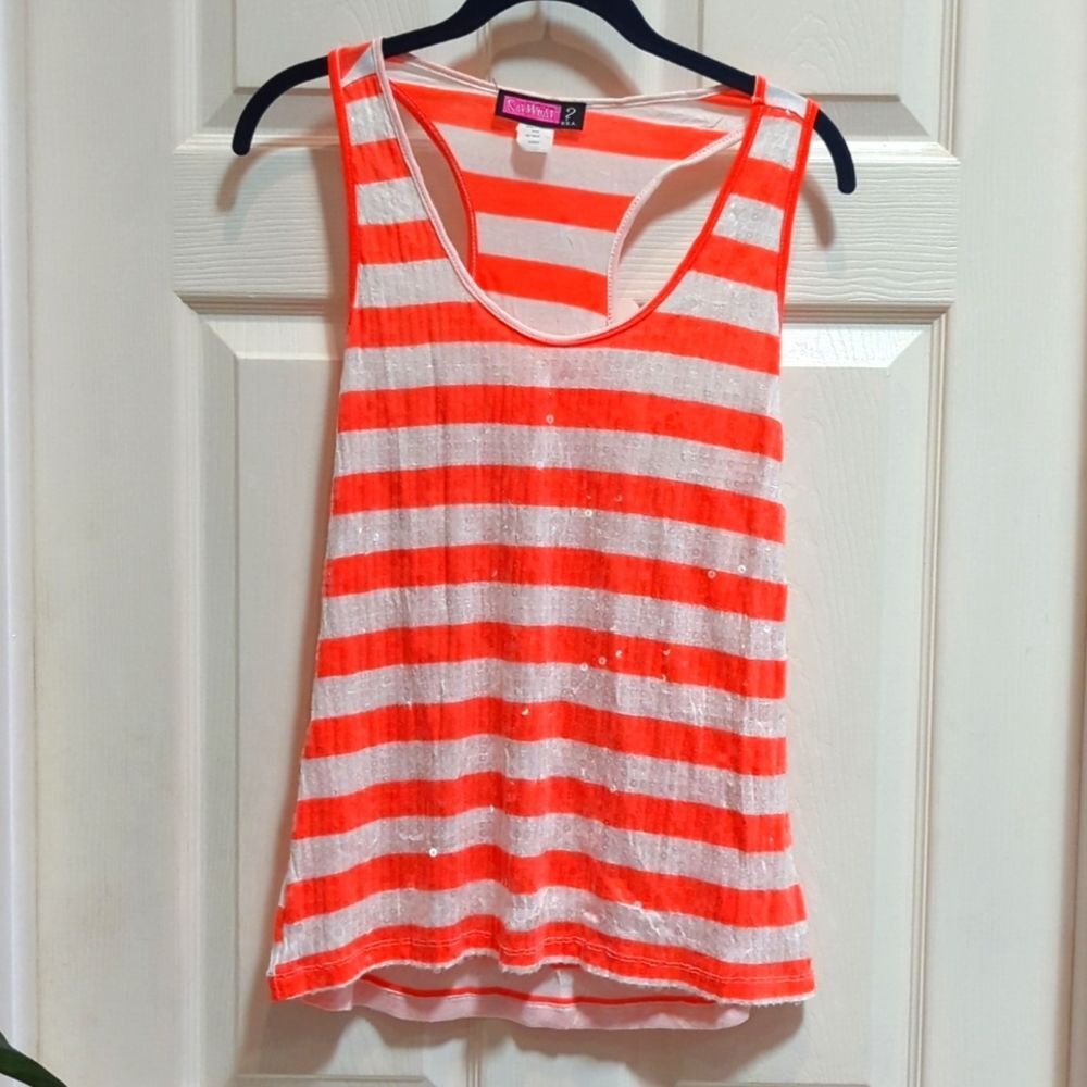 Say What? Women's Orange/White Sequined Striped Racerback Tank Top Size Large